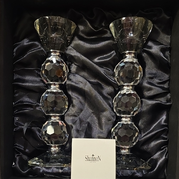 Shannon Crystal Other - Shannon Afterglow Crystal Candlesticks Pair with Silver Accent Bands